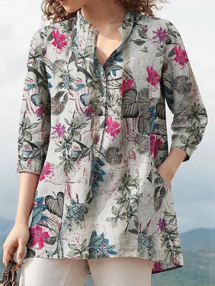 Floral  Printed Blouse Oversized Women Casual V Neck 3/4 Sleeve Shirt ZANZEA Retro Maxi Cotton Tops Bohemian Work Female Blusas