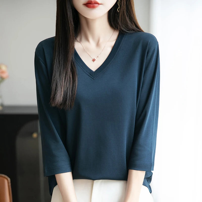 Spring And Summer New Cotton V-neck T-shirt Short-Sleeved Women's Half-Sleeve Bottoming Shirt High-End Cropped Sleeve Top