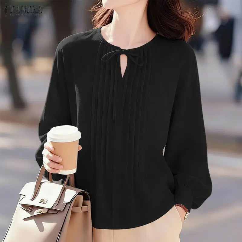 ZANZEA Woman Elegant Pintuck Details White Blouses Lace-Up V-Neck Long Sleeve Tops Spring Summer Casual Loose Blusas de Mujer