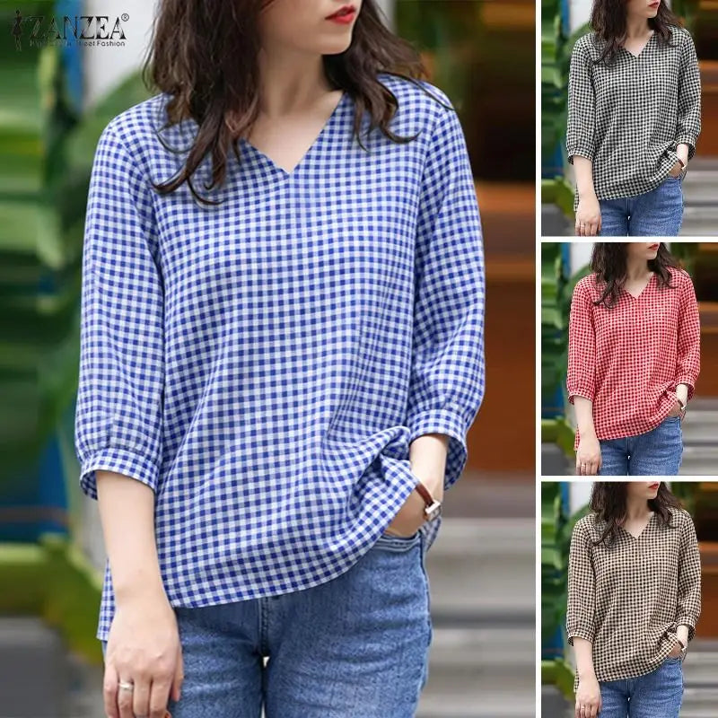 2026 Summer Plaid Blouse ZANZEA Stylish Women V Neck 3/4 Sleeve Tops Elegant Loose Work Shirt Casual Holiday Tunic Mujer Femme
