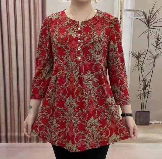 Women Clothes Casual Vintage Floral Print Ethnic Style Ice Silk T-shirt Summer Fashion O Neck 3/4 Sleeve Loose Tunic Ladies Tops
