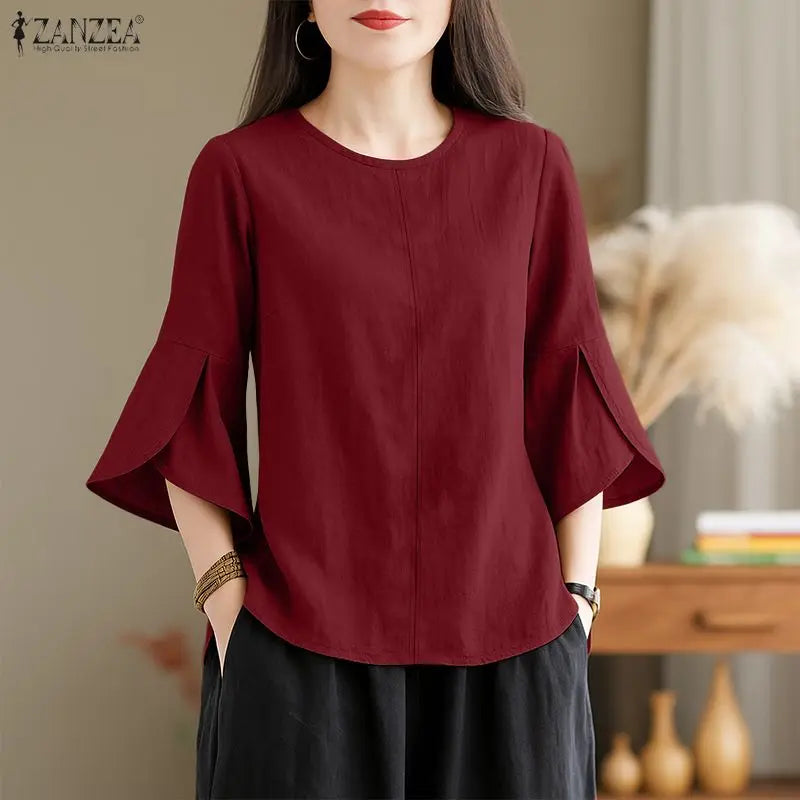 ZANZEA Summer Blouse Trend 2026 Women Office Shirt Elegant 3/4 Petal Sleeve Work Blouses Casual O Neck Solid Loose Tops Oversize