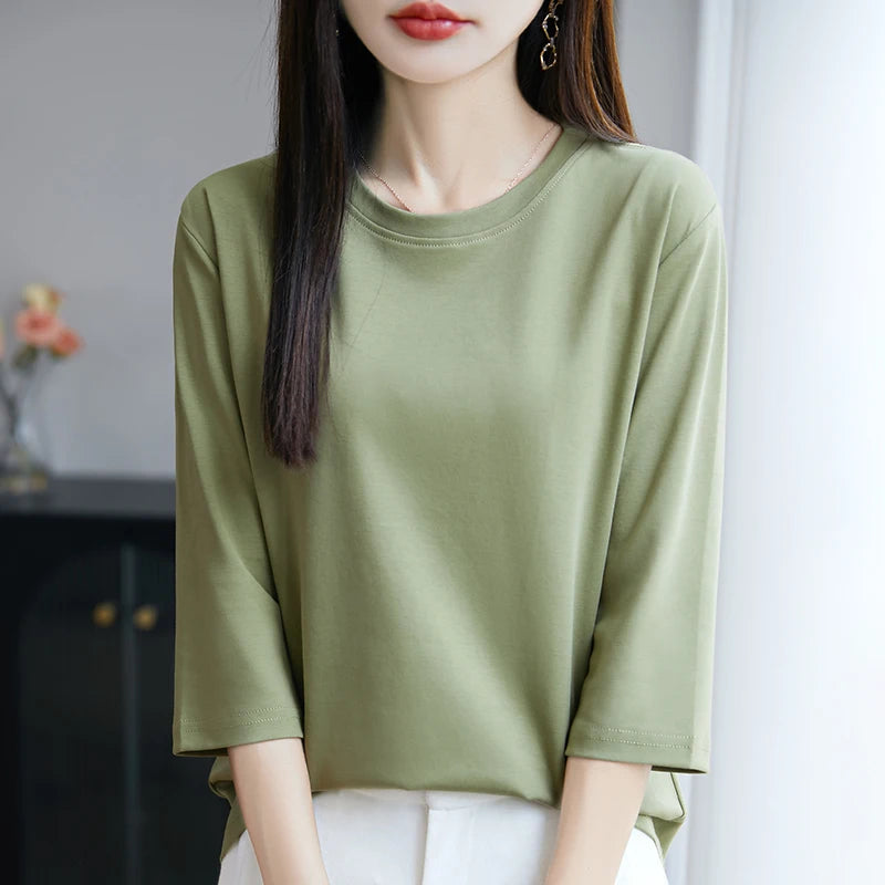 Spring And Summer New Cropped Sleeve Women's Round Neck Cotton T-shirt Loose Mercerized Cotton Short Sleeve Bottoming Shirt