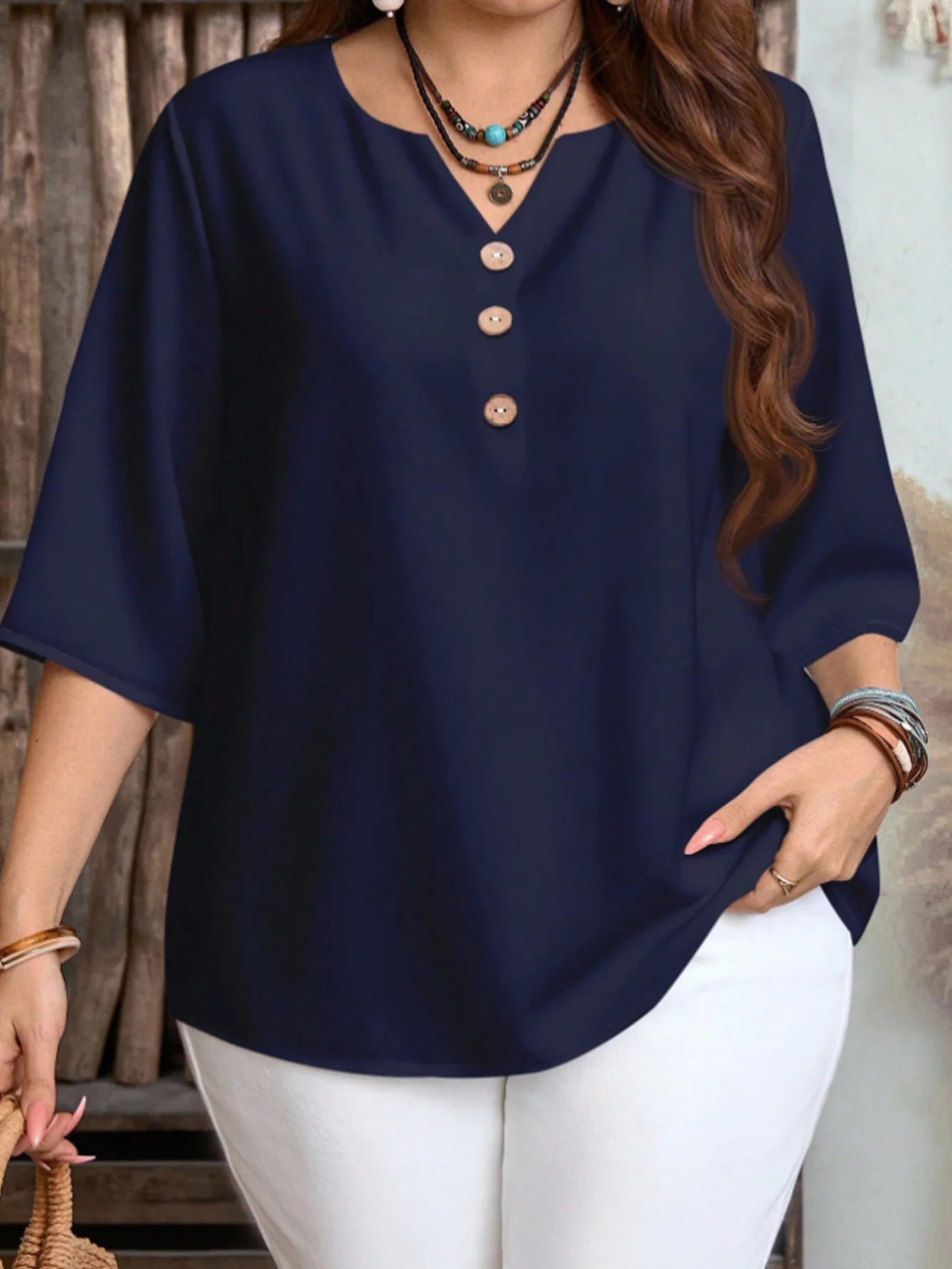 Plus Size Women's Casual Simple Shirt, Suitable for Spring, Summer, Autumn, and Valentine's Day, Solid Color V-Neck Top