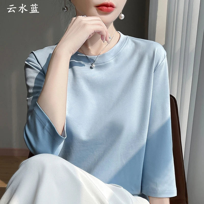 Spring And Summer New Cropped Sleeve Women's Round Neck Cotton T-shirt Loose Mercerized Cotton Short Sleeve Bottoming Shirt