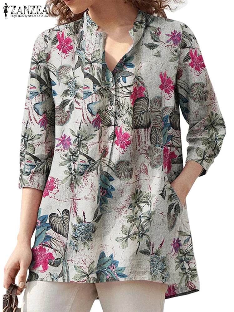 ZANZEA Oversize Women 3/4 Sleeve Blouses Vintage Floral Print Half-Button Cotton Shirts 2025 Summer Everyday Casual Loose Tops