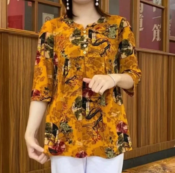 Women Clothes Casual Vintage Floral Print Ethnic Style Ice Silk T-shirt Summer Fashion O Neck 3/4 Sleeve Loose Tunic Ladies Tops