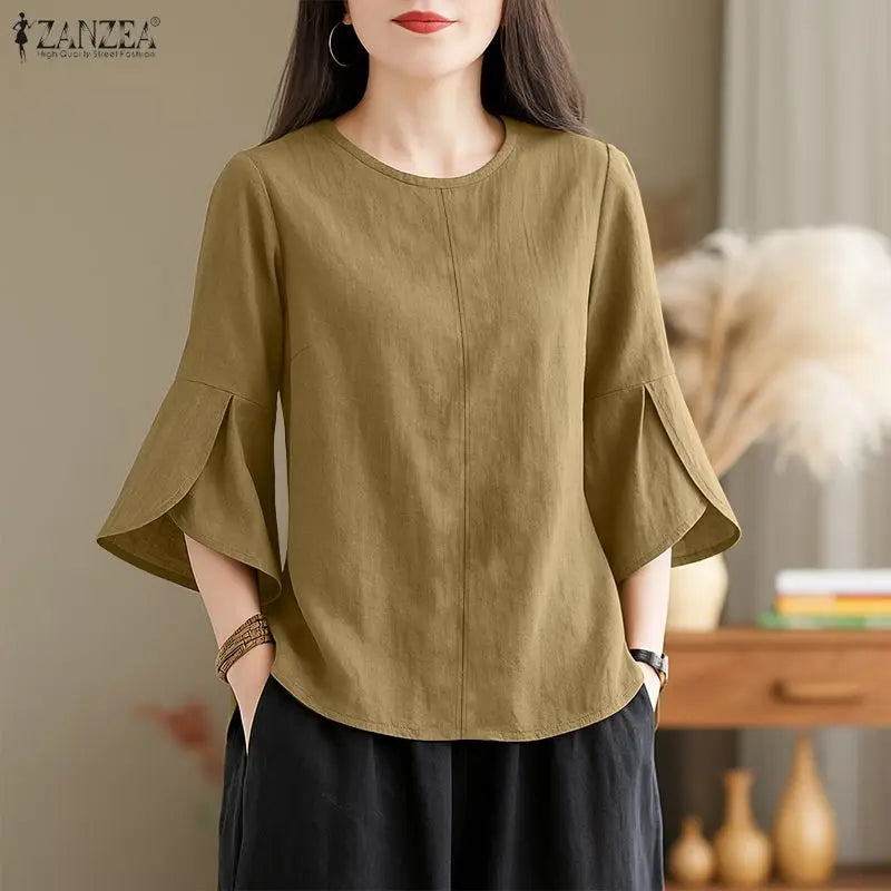 ZANZEA Summer Blouse Trend 2026 Women Office Shirt Elegant 3/4 Petal Sleeve Work Blouses Casual O Neck Solid Loose Tops Oversize