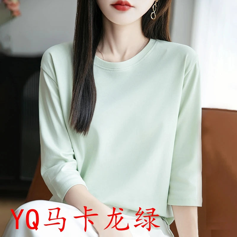Spring And Summer New Cropped Sleeve Women's Round Neck Cotton T-shirt Loose Mercerized Cotton Short Sleeve Bottoming Shirt