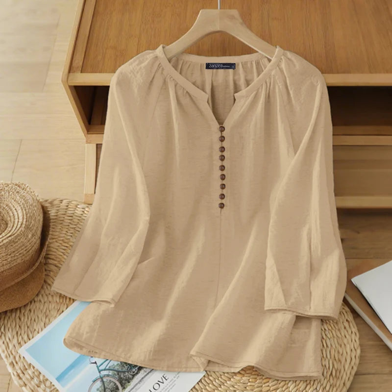Women Blouse ZANZEA 2026 Spring Summer Shirt Casual V-Neck 3/4 Sleeve Solid Tops Female Mujer Elegant OL Work Blouses Oversize