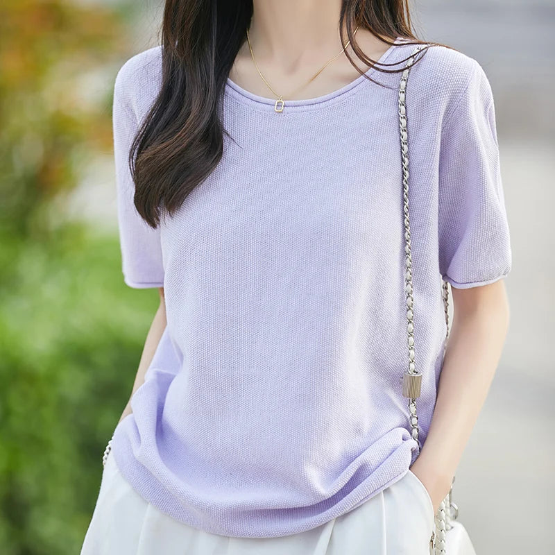 100% cotton ladies spring and summer comfortable round neck advanced design half sleeve pullover short sleeve blouse.