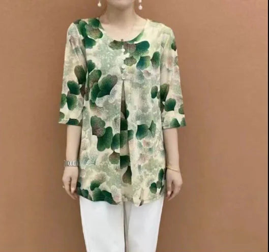 Women Clothes Casual Vintage Floral Print Ethnic Style Ice Silk T-shirt Summer Fashion O Neck 3/4 Sleeve Loose Tunic Ladies Tops