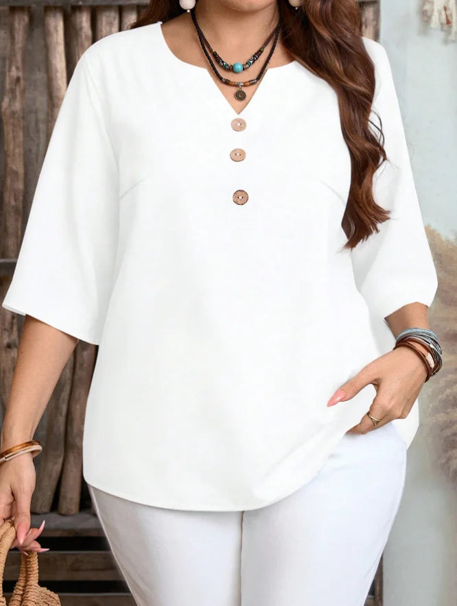 Plus Size Women's Casual Simple Shirt, Suitable for Spring, Summer, Autumn, and Valentine's Day, Solid Color V-Neck Top