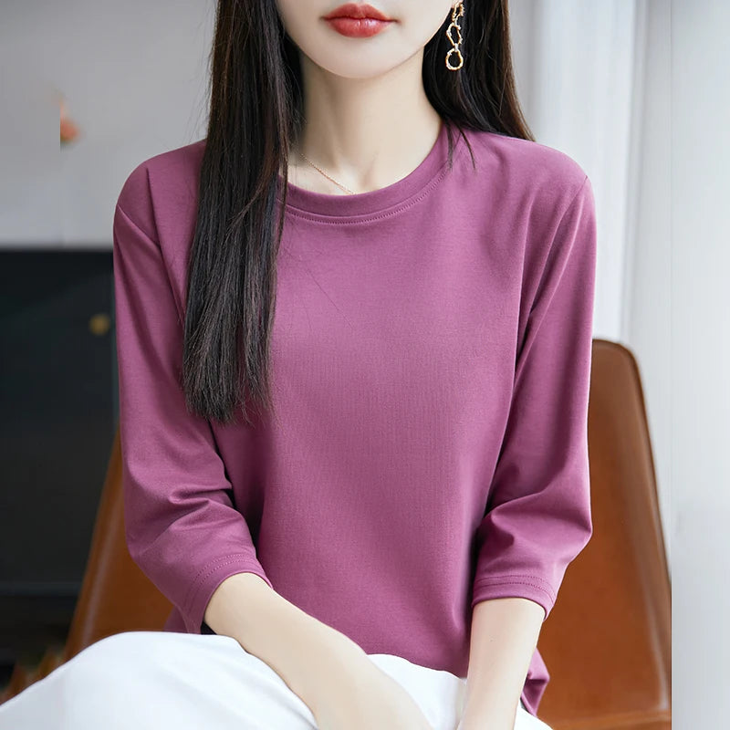 Spring And Summer New Cropped Sleeve Women's Round Neck Cotton T-shirt Loose Mercerized Cotton Short Sleeve Bottoming Shirt