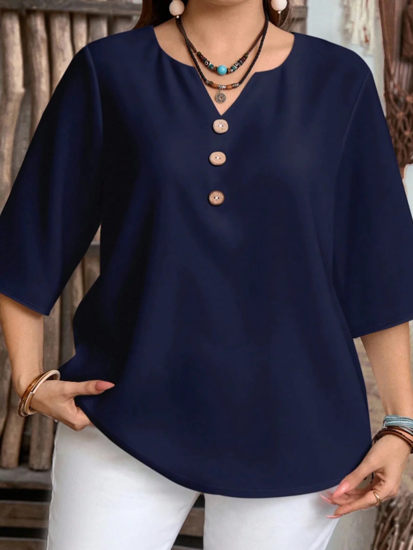Plus Size Women's Casual Simple Shirt, Suitable for Spring, Summer, Autumn, and Valentine's Day, Solid Color V-Neck Top