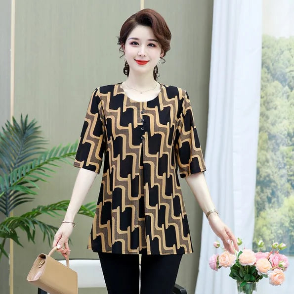 Women Clothes Casual Vintage Floral Print Ethnic Style Ice Silk T-shirt Summer Fashion O Neck 3/4 Sleeve Loose Tunic Ladies Tops