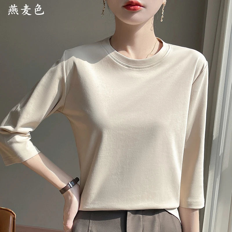 Spring And Summer New Cropped Sleeve Women's Round Neck Cotton T-shirt Loose Mercerized Cotton Short Sleeve Bottoming Shirt