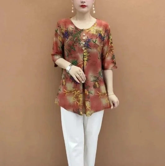 Women Clothes Casual Vintage Floral Print Ethnic Style Ice Silk T-shirt Summer Fashion O Neck 3/4 Sleeve Loose Tunic Ladies Tops