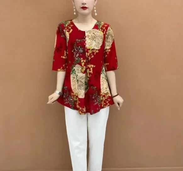 Women Clothes Casual Vintage Floral Print Ethnic Style Ice Silk T-shirt Summer Fashion O Neck 3/4 Sleeve Loose Tunic Ladies Tops