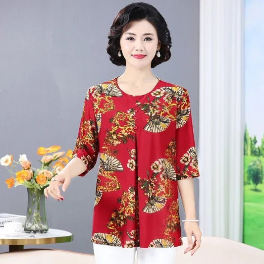 Women Clothes Casual Vintage Floral Print Ethnic Style Ice Silk T-shirt Summer Fashion O Neck 3/4 Sleeve Loose Tunic Ladies Tops