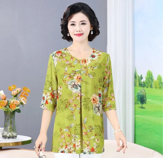 Women Clothes Casual Vintage Floral Print Ethnic Style Ice Silk T-shirt Summer Fashion O Neck 3/4 Sleeve Loose Tunic Ladies Tops