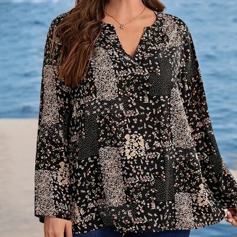 Plus Size Women's Shirt, Printed V-Neck Long Sleeves, Loose Fit, Elegant Design, Spring & Fall Fashionable Casual Vacation Top