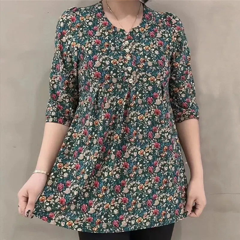 Women Clothes Casual Vintage Floral Print Ethnic Style Ice Silk T-shirt Summer Fashion O Neck 3/4 Sleeve Loose Tunic Ladies Tops