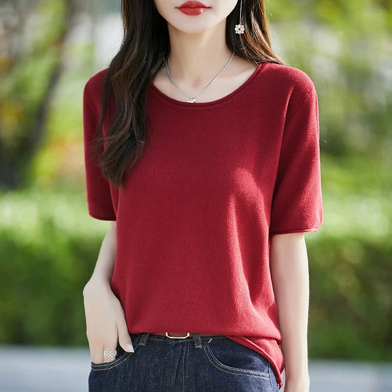 100% cotton ladies spring and summer comfortable round neck advanced design half sleeve pullover short sleeve blouse.