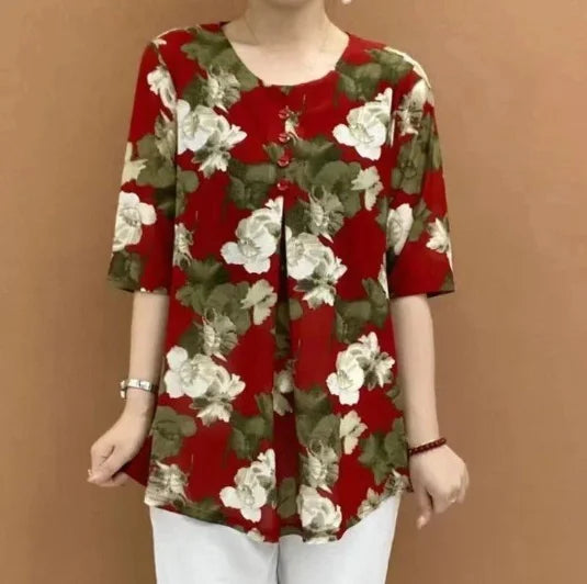 Women Clothes Casual Vintage Floral Print Ethnic Style Ice Silk T-shirt Summer Fashion O Neck 3/4 Sleeve Loose Tunic Ladies Tops