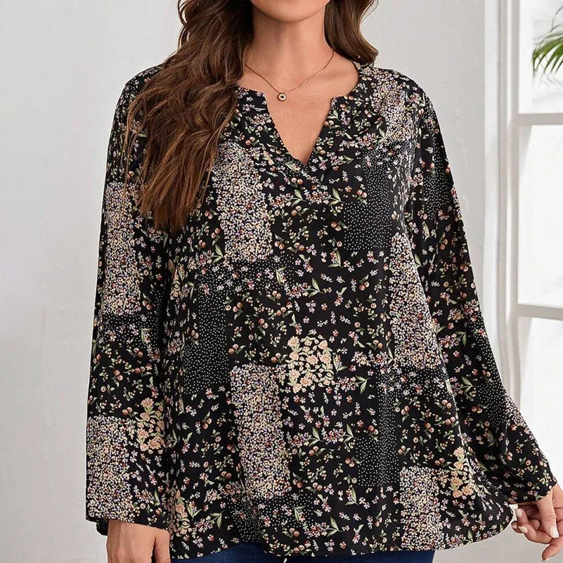 Plus Size Women's Shirt, Printed V-Neck Long Sleeves, Loose Fit, Elegant Design, Spring & Fall Fashionable Casual Vacation Top