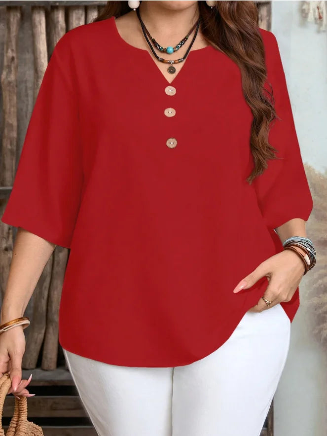 Plus Size Women's Casual Simple Shirt, Suitable for Spring, Summer, Autumn, and Valentine's Day, Solid Color V-Neck Top