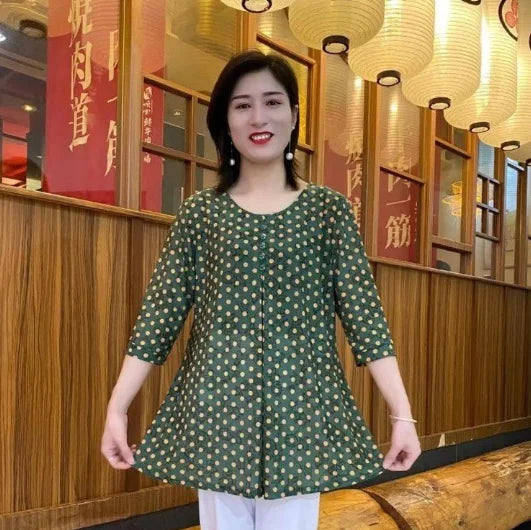Women Clothes Casual Vintage Floral Print Ethnic Style Ice Silk T-shirt Summer Fashion O Neck 3/4 Sleeve Loose Tunic Ladies Tops