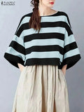ZANZEA Oversize Contrast-Color Striped Blouses Women Casual Boatneck Drop-Shoulder 3/4 Sleeve Loose Tops Woman Clothes S-3XL