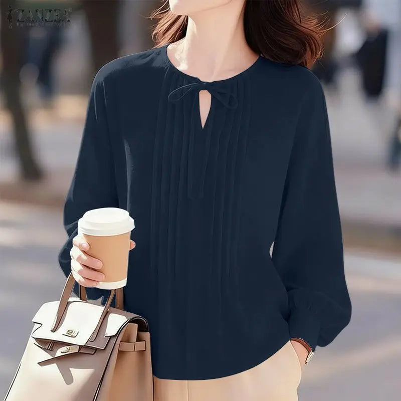 ZANZEA Woman Elegant Pintuck Details White Blouses Lace-Up V-Neck Long Sleeve Tops Spring Summer Casual Loose Blusas de Mujer