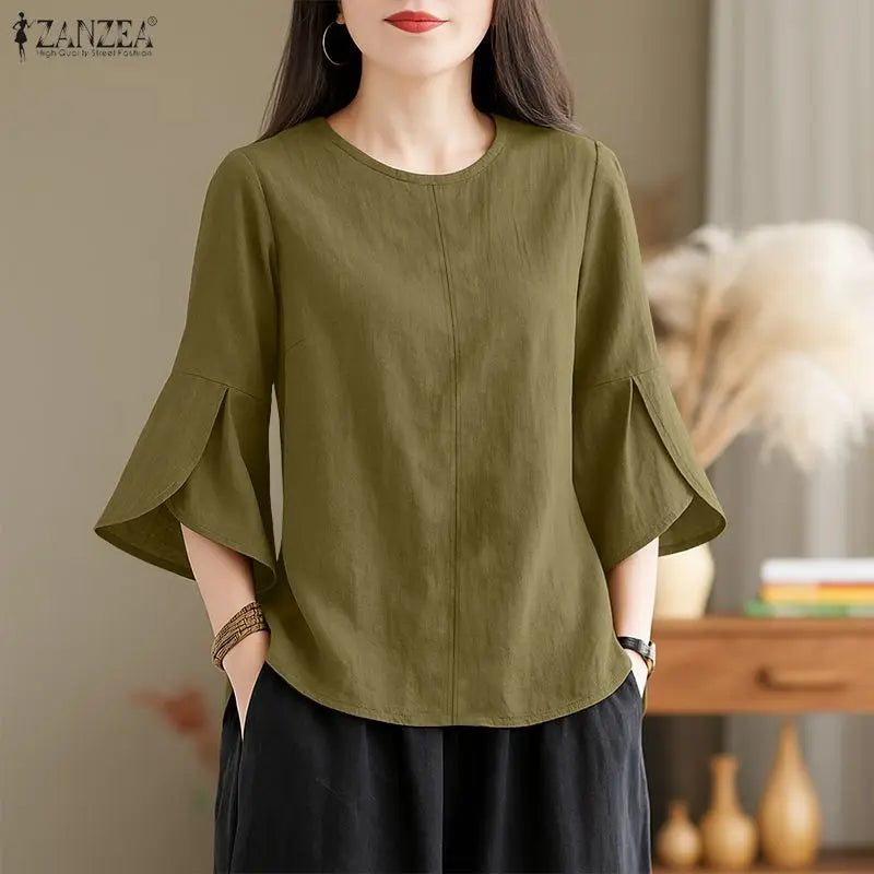 ZANZEA Summer Blouse Trend 2026 Women Office Shirt Elegant 3/4 Petal Sleeve Work Blouses Casual O Neck Solid Loose Tops Oversize