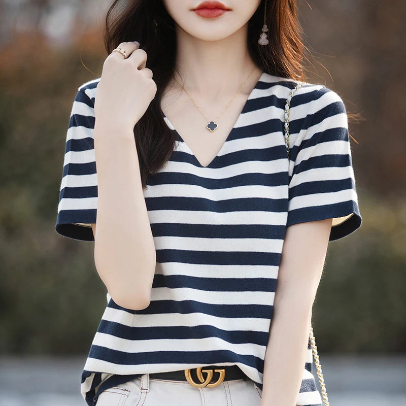 100% pure cotton striped knitted short sleeved T-shirt for women, V-neck pullover, loose fit, slimming and age reducing half sle