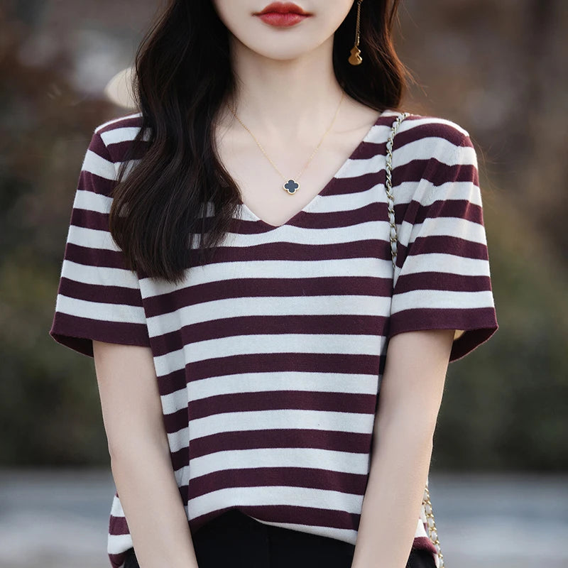100% pure cotton striped knitted short sleeved T-shirt for women, V-neck pullover, loose fit, slimming and age reducing half sle