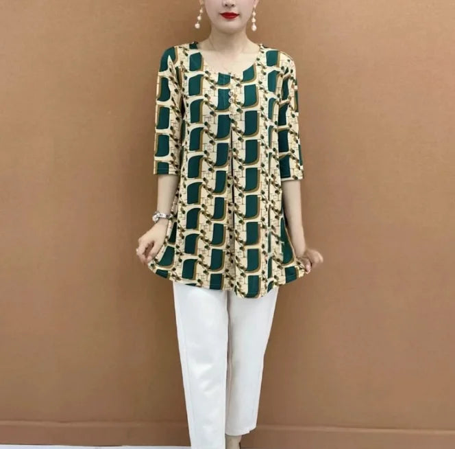 Women Clothes Casual Vintage Floral Print Ethnic Style Ice Silk T-shirt Summer Fashion O Neck 3/4 Sleeve Loose Tunic Ladies Tops
