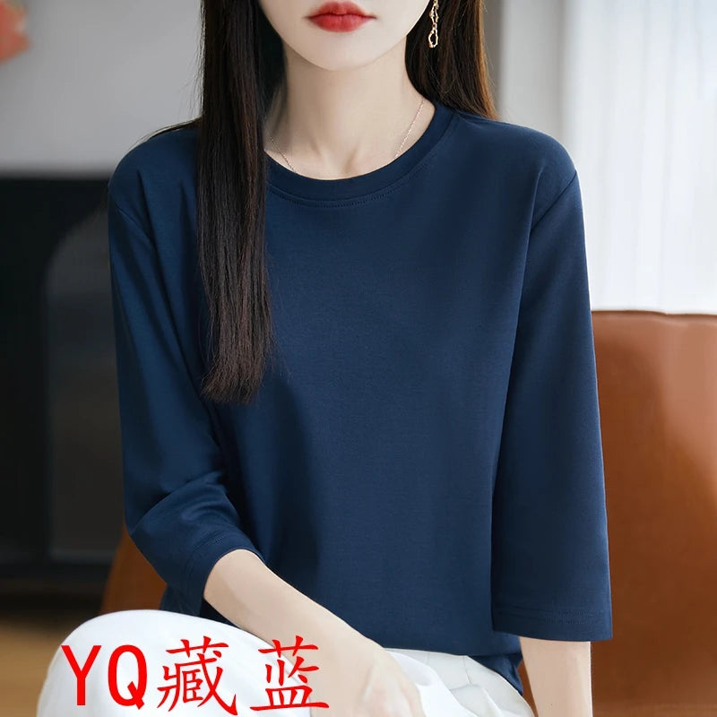 Spring And Summer New Cropped Sleeve Women's Round Neck Cotton T-shirt Loose Mercerized Cotton Short Sleeve Bottoming Shirt