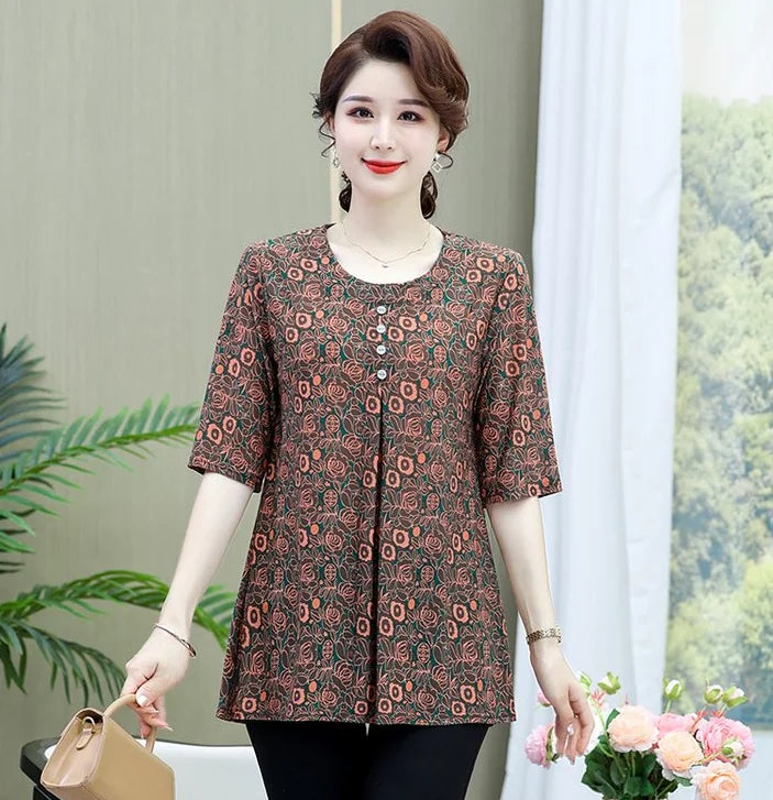 Women Clothes Casual Vintage Floral Print Ethnic Style Ice Silk T-shirt Summer Fashion O Neck 3/4 Sleeve Loose Tunic Ladies Tops