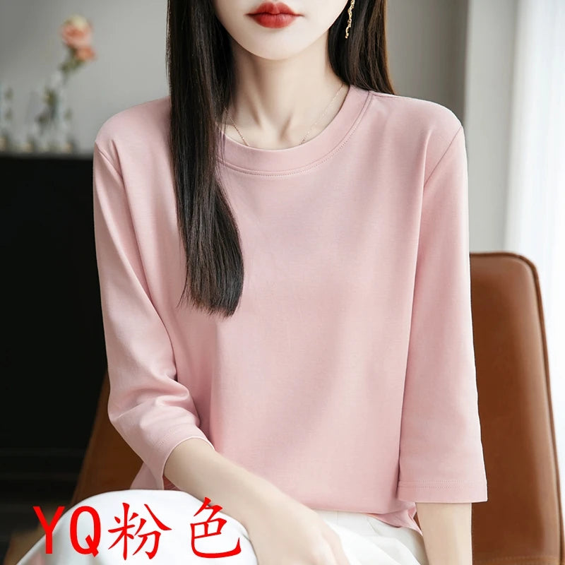 Spring And Summer New Cropped Sleeve Women's Round Neck Cotton T-shirt Loose Mercerized Cotton Short Sleeve Bottoming Shirt