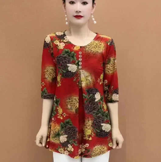Women Clothes Casual Vintage Floral Print Ethnic Style Ice Silk T-shirt Summer Fashion O Neck 3/4 Sleeve Loose Tunic Ladies Tops