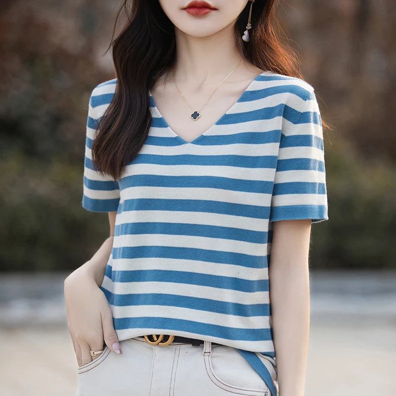 100% pure cotton striped knitted short sleeved T-shirt for women, V-neck pullover, loose fit, slimming and age reducing half sle