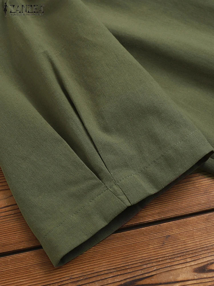 ZANZEA Summer Blouse Vintage Women Casual Loose Tunic Tops Solid Cotton Blusas O Neck Short Sleeve Shirt Buttons Down Chemise