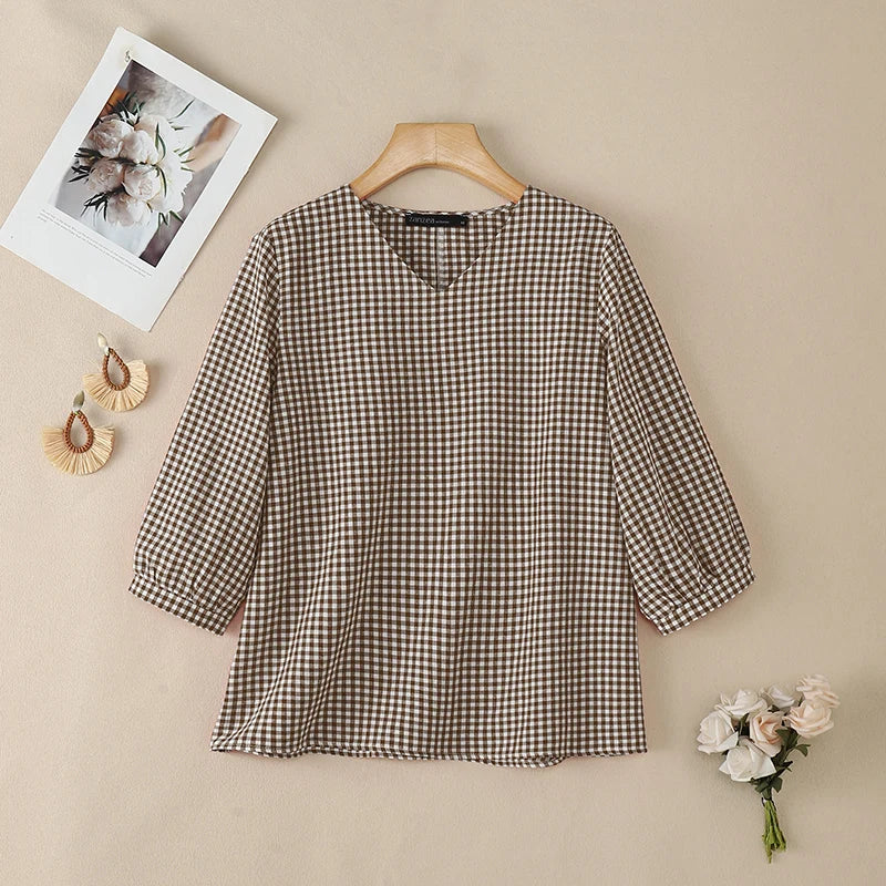 2026 Summer Plaid Blouse ZANZEA Stylish Women V Neck 3/4 Sleeve Tops Elegant Loose Work Shirt Casual Holiday Tunic Mujer Femme