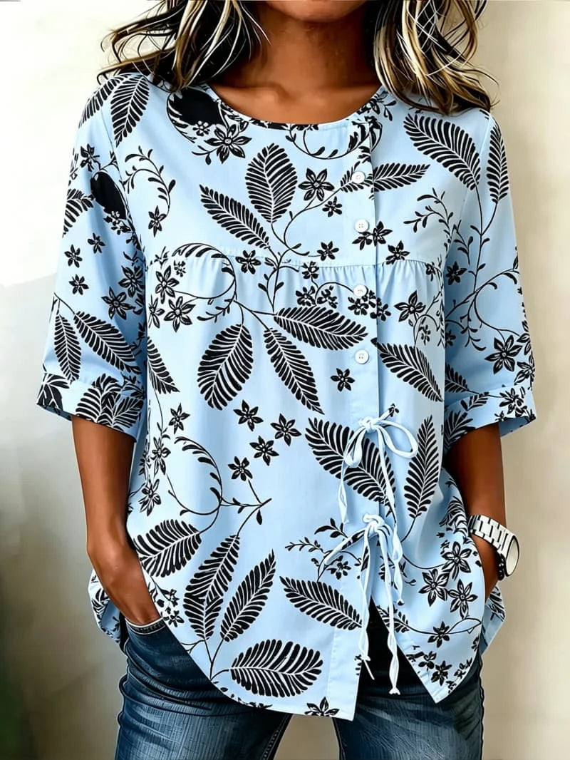 Ladies' casual shirt printed with artistic plants and flowers, lightweight and comfortable, for street wear and daily travel