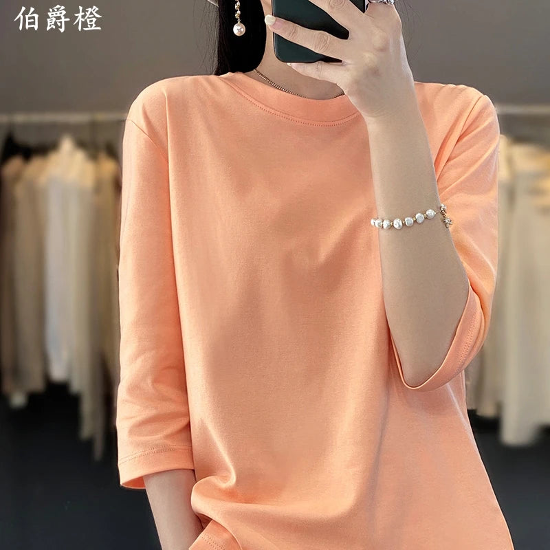 Spring And Summer New Cropped Sleeve Women's Round Neck Cotton T-shirt Loose Mercerized Cotton Short Sleeve Bottoming Shirt