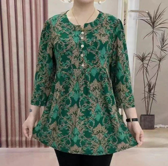 Women Clothes Casual Vintage Floral Print Ethnic Style Ice Silk T-shirt Summer Fashion O Neck 3/4 Sleeve Loose Tunic Ladies Tops