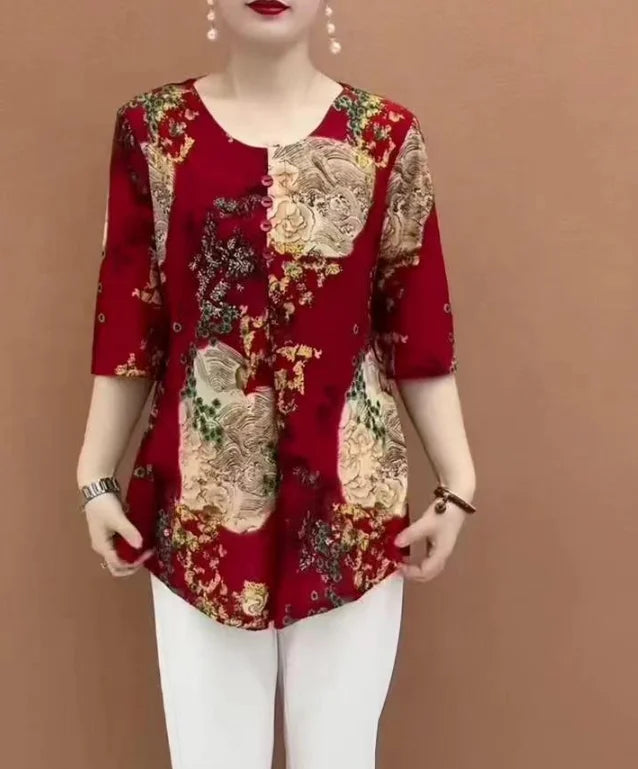 Women Clothes Casual Vintage Floral Print Ethnic Style Ice Silk T-shirt Summer Fashion O Neck 3/4 Sleeve Loose Tunic Ladies Tops