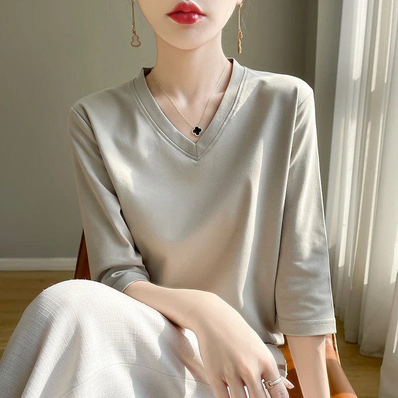 Spring And Summer New Cotton V-neck T-shirt Short-Sleeved Women's Half-Sleeve Bottoming Shirt High-End Cropped Sleeve Top